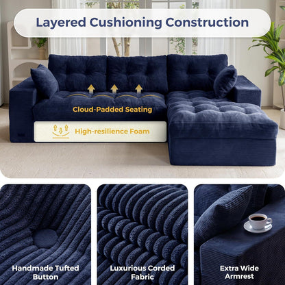 L-förmiges Cord Sofa mit Schlaffunktion – Dunkelblau, 264x171 cm