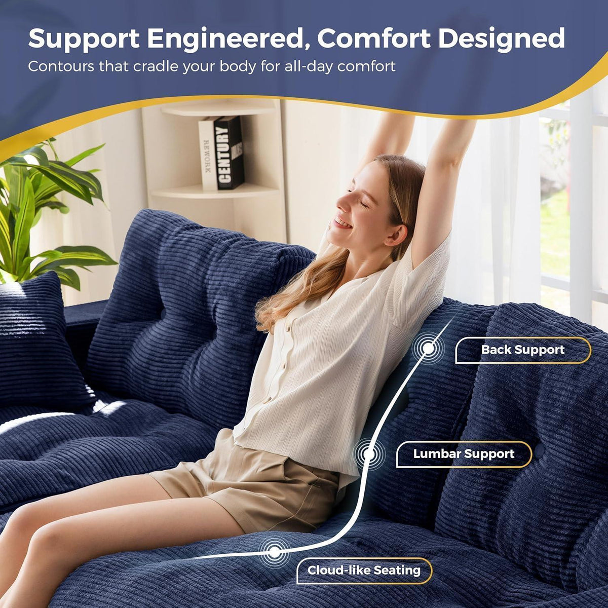 L-förmiges Cord Sofa mit Schlaffunktion – Dunkelblau, 264x171 cm