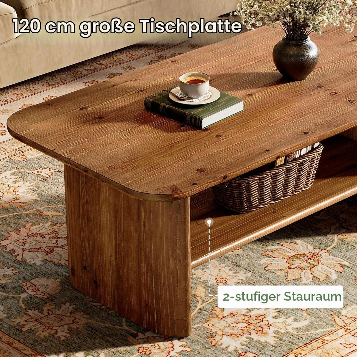 Massivholz Couchtisch mit Stauraum – Rustikaler Wohnzimmertisch 120cm