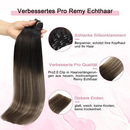 Clip-in Haarverlängerung Echthaar 55cm #1B/4/27 Balayage