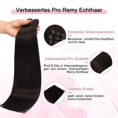 Echthaar Clip-Ins Dunkelbraun (#2) 55cm – 120g