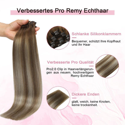 Clip-in Haarverlängerung Echthaar 55cm #3/8/22 Braun-Blond