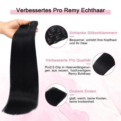 Clip-in Haarverlängerung Echthaar 50cm #1 Tief Schwarz
