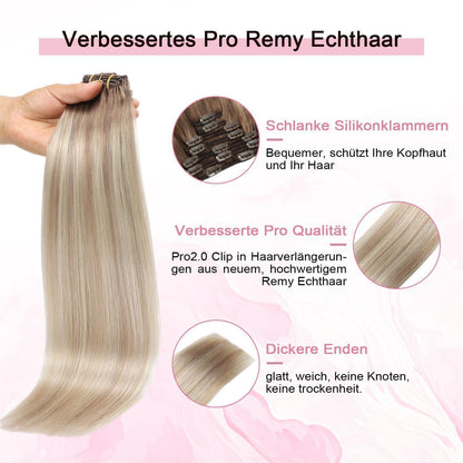 Remy Echthaar Clip-Ins Ombre Braun-Aschblond-Platinblond 40cm