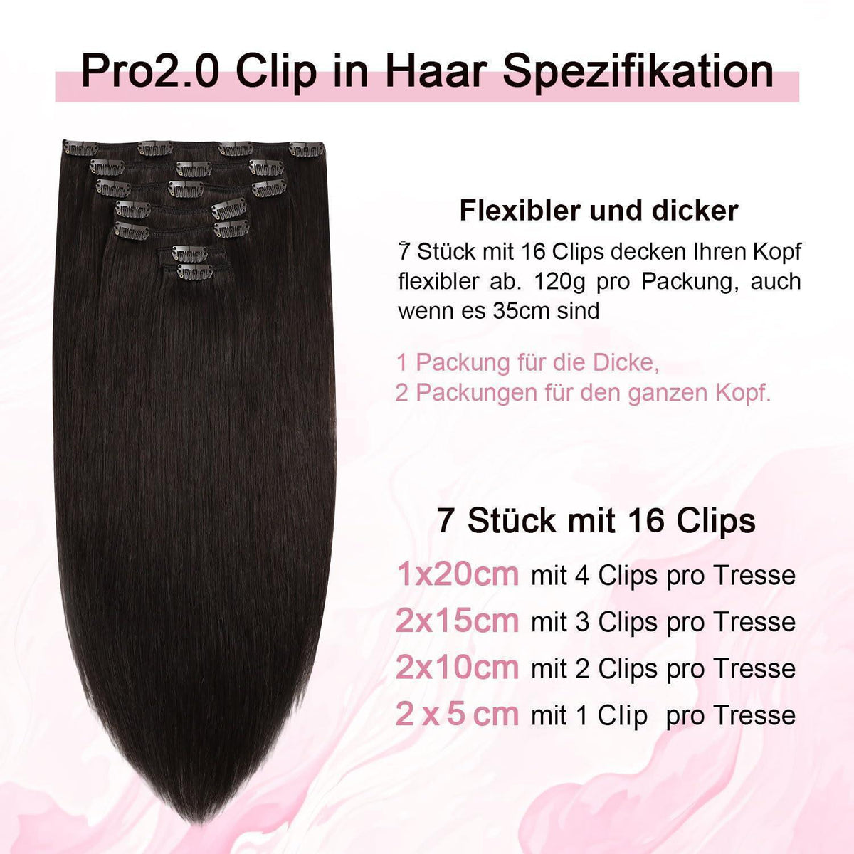 Remy Echthaar Clip-Ins #2 Dunkelbraun 40cm – 7-tlg.