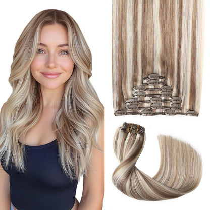 Echthaar Clip-in Extensions #8p60 Hellbraun Platinblond 45cm