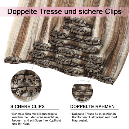 Echthaar Clip-in Extensions #8p60 Hellbraun Platinblond 45cm