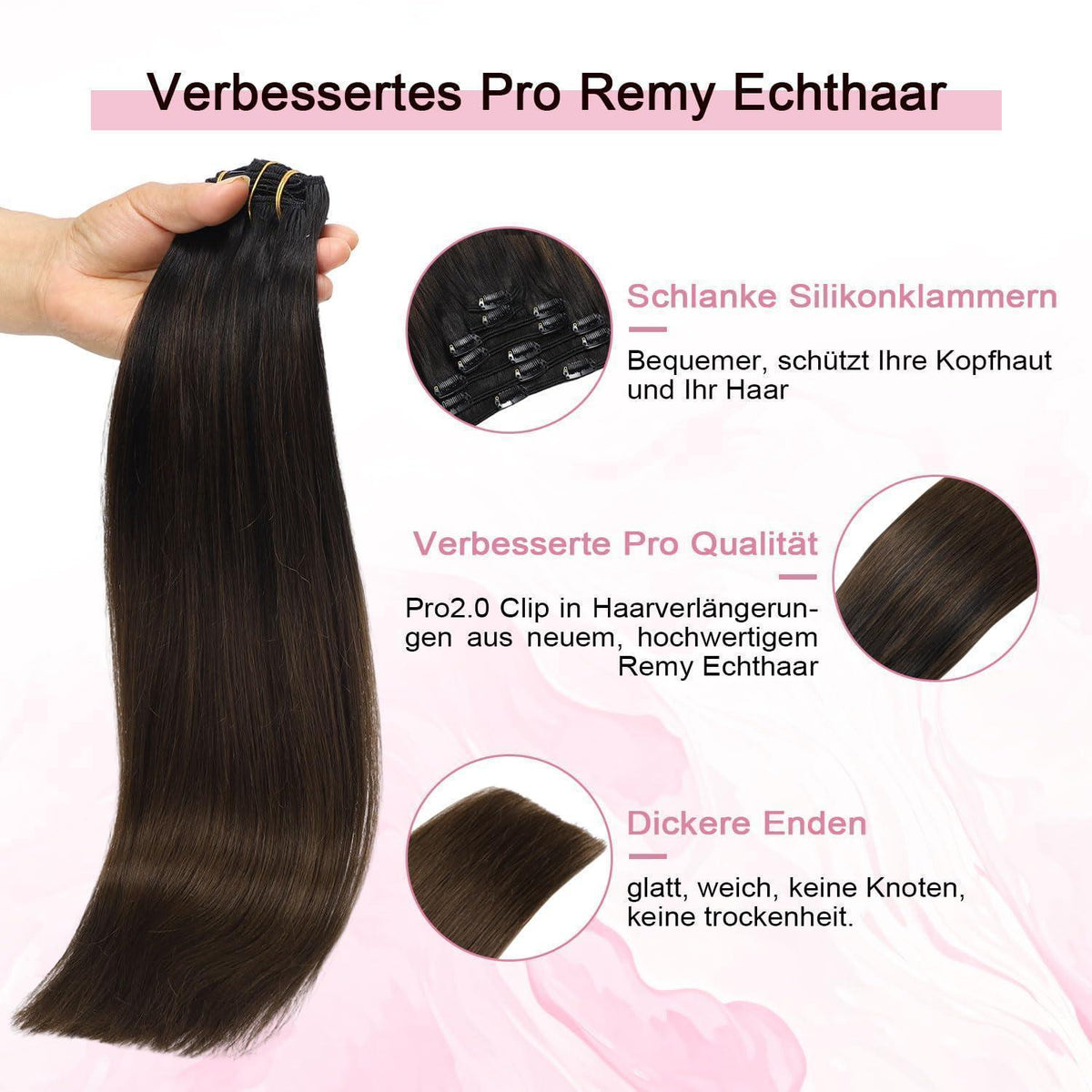 Remy Echthaar Clip-Ins #1BT4 – 40cm Natürliches Schwarzbraun
