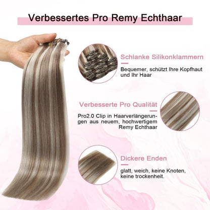 Clip-in Haarverlängerung Echthaar #8p60 Hellbraun mit Platinblond 35cm