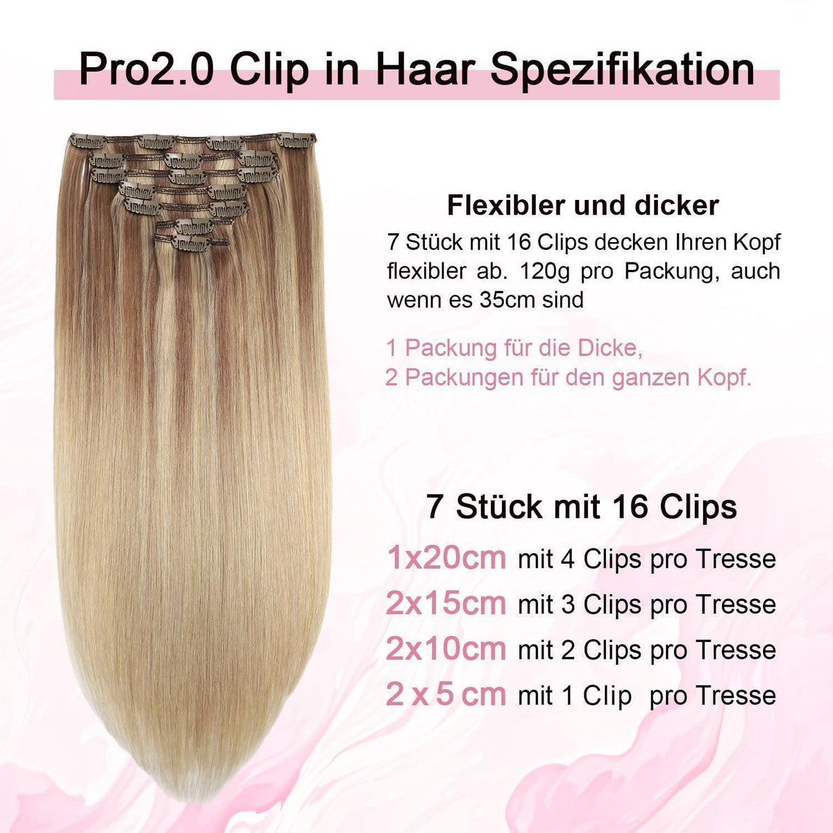 Remy Echthaar Clip-Ins #10/16/16 Hellbraun mit Goldblond, 40cm