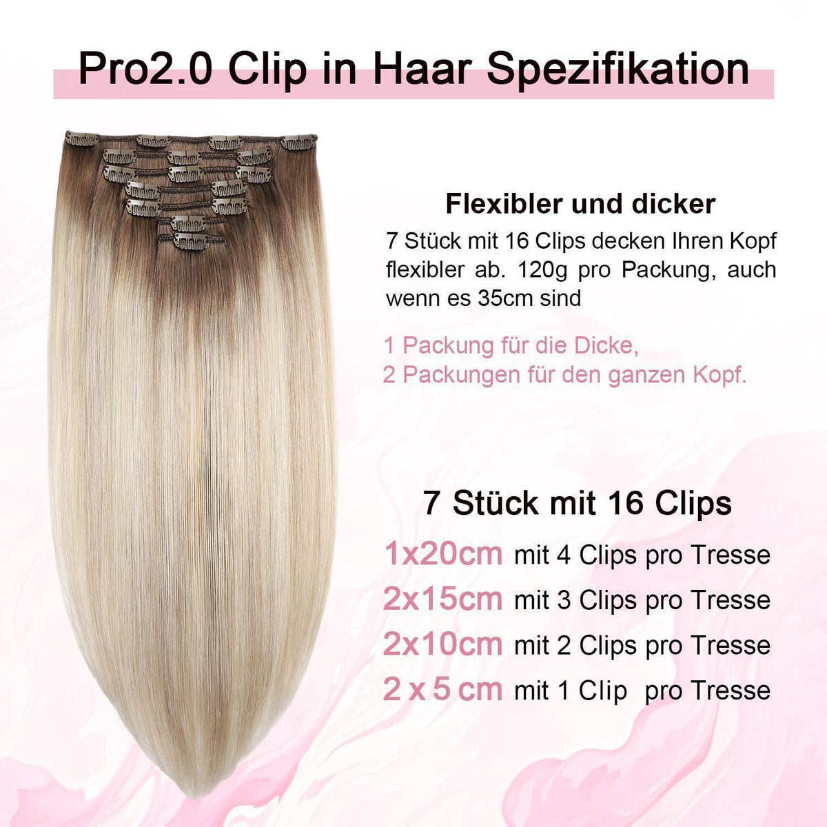 Echthaar Clip-in Extensions Ombre Braun-Blond 45cm