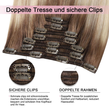 Echthaar Clip-in Extensions Ombre Braun-Blond 45cm