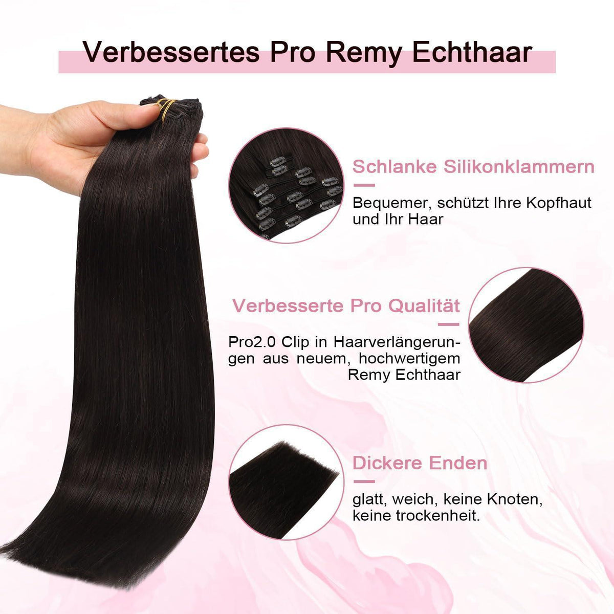Clip-in Haarverlängerung Echthaar Dunkelbraun #2 – 50cm