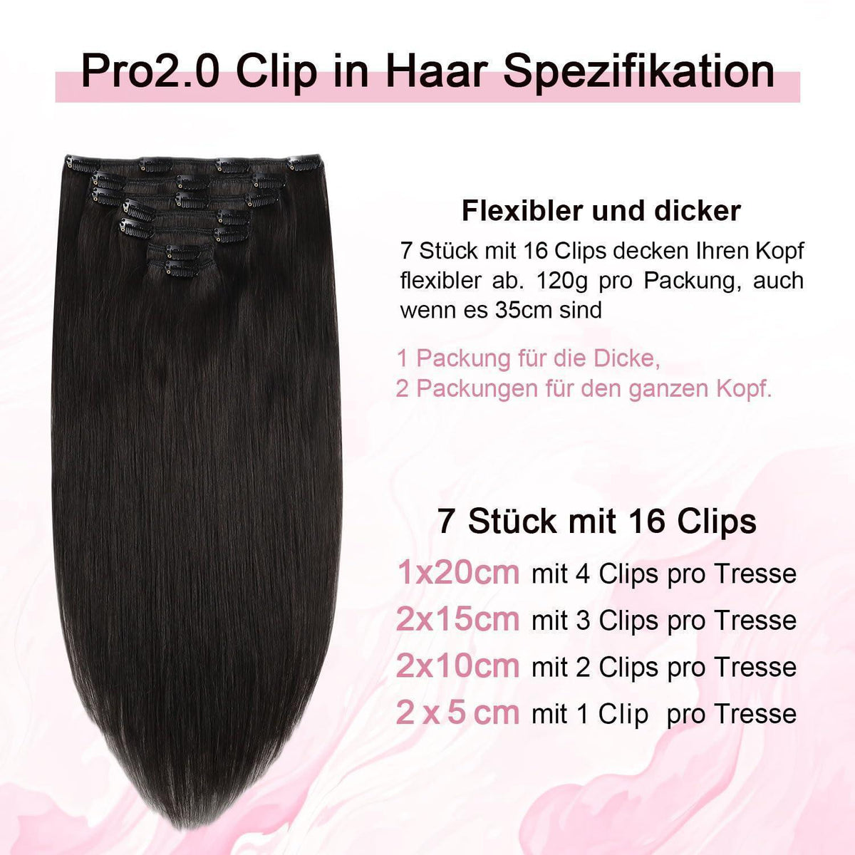Clip-in Haarverlängerung Echthaar 50cm #1B Schwarz