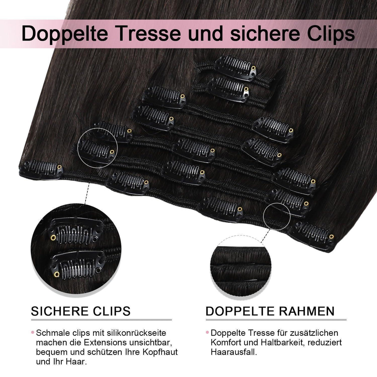 Remy Echthaar Clip-Ins #1B Schwarz 40cm – 7-tlg. Haarverlängerung