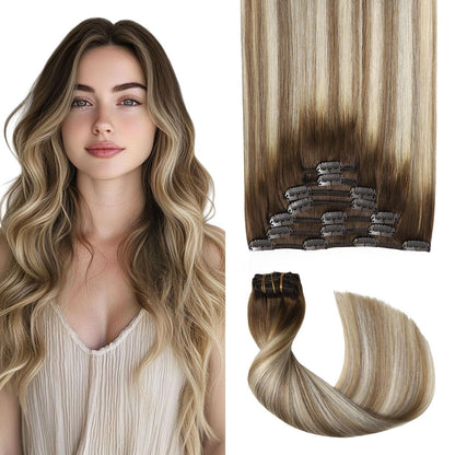 Remy Echthaar Clip-Ins #3/8/22 – Walnuss Braun bis Hellblond, 40cm