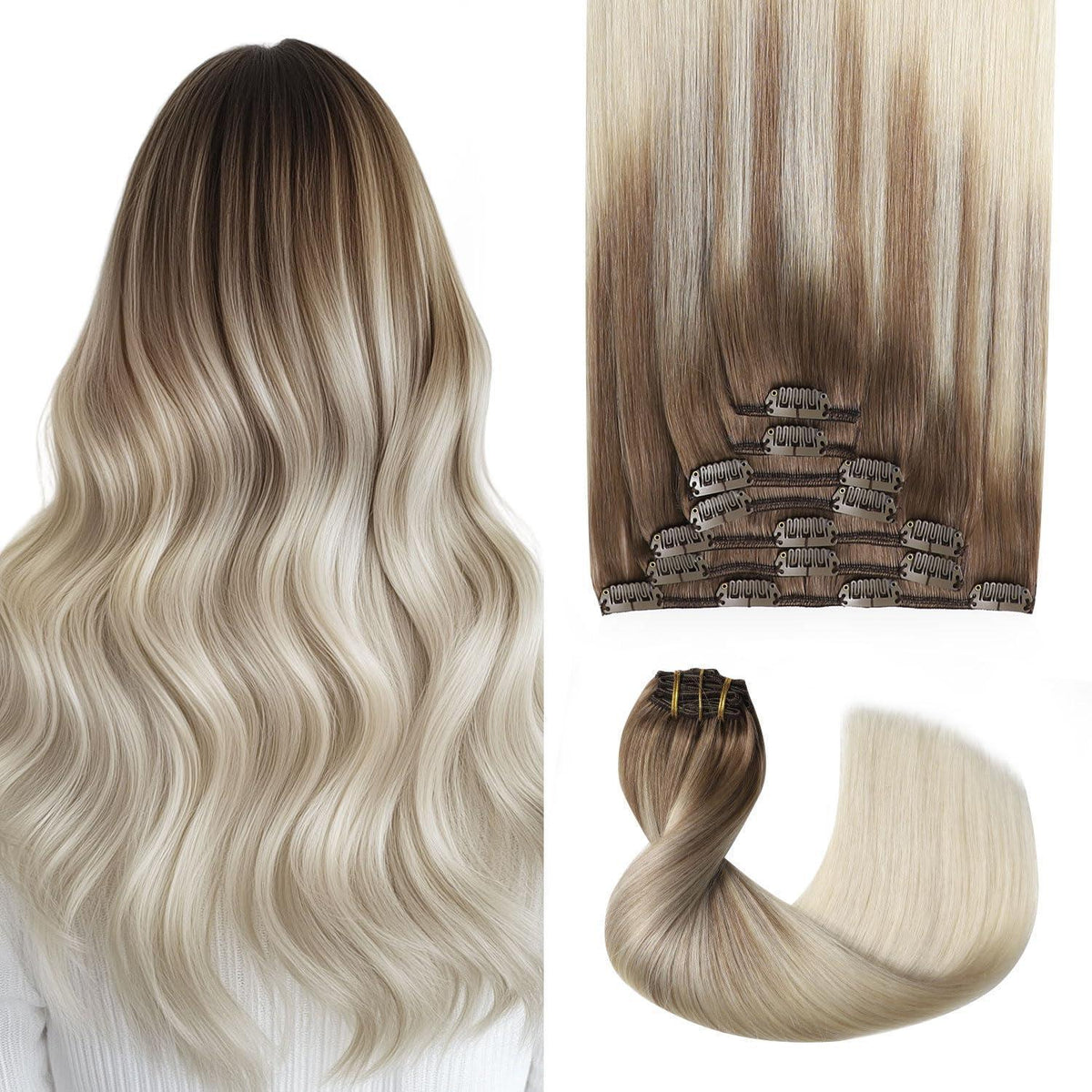 Remy Echthaar Clip-Ins #8/60 Hellbraun-Platinblond 40cm
