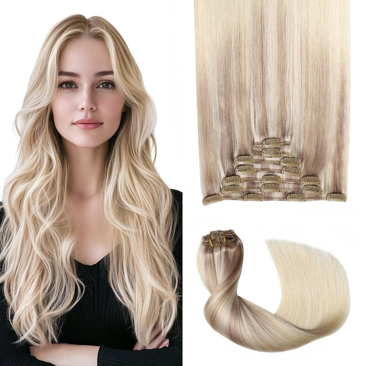 Clip-in Haarverlängerung Echthaar 55cm Aschblond bis Goldblond