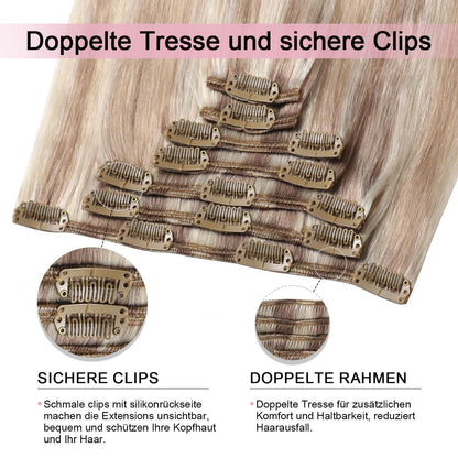 Clip-in Haarverlängerung Echthaar 55cm Aschblond bis Goldblond