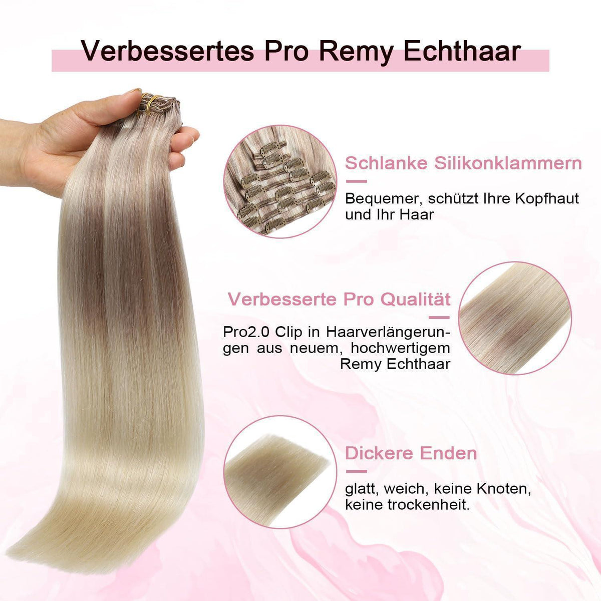 Clip-in Haarverlängerung Echthaar 55cm Aschblond bis Goldblond