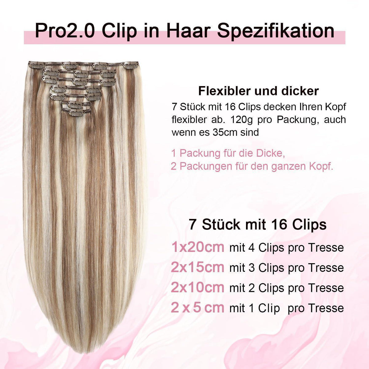 Remy Echthaar Clip-Ins #8p60 Hellbraun mit Platinblond, 40cm