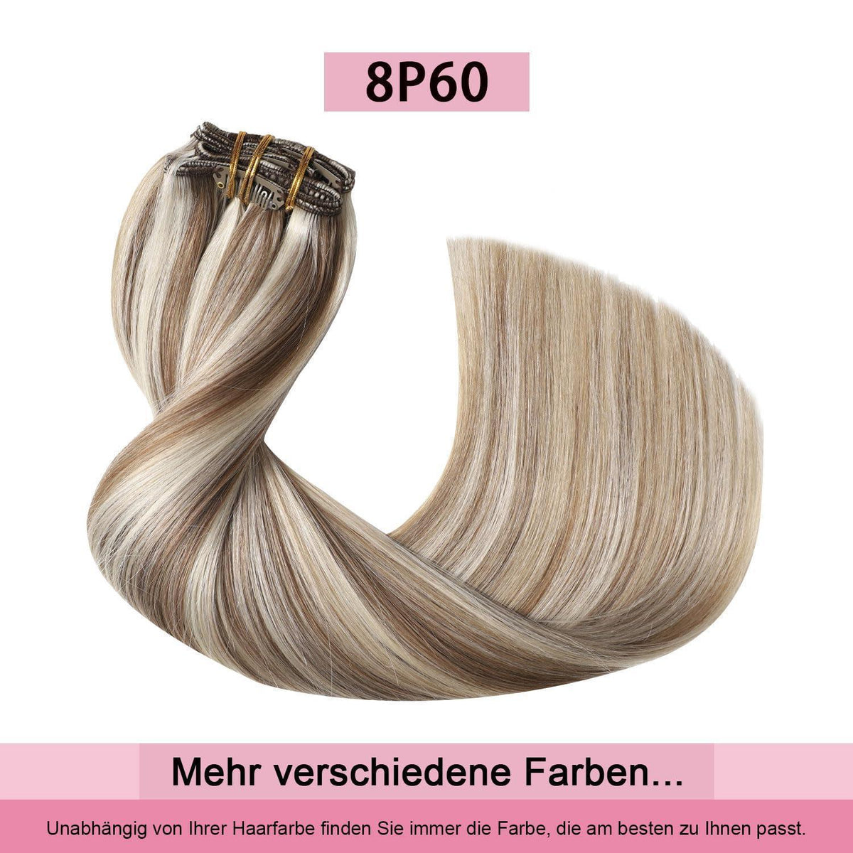 Remy Echthaar Clip-Ins #8p60 Hellbraun mit Platinblond, 40cm