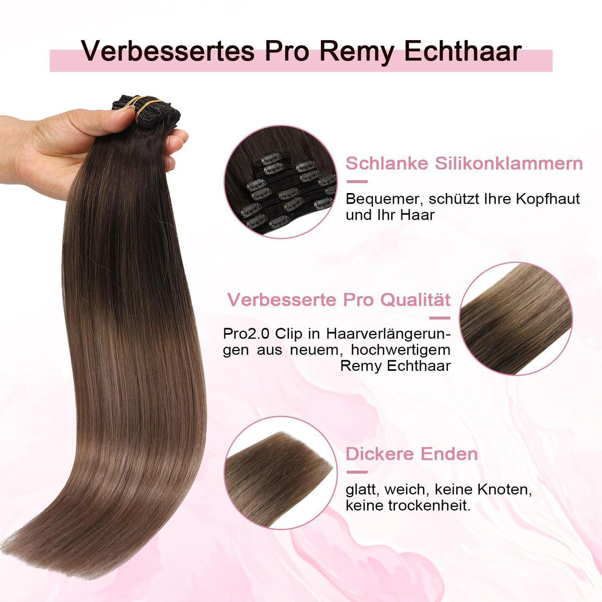 Clip-in Haarverlängerung Echthaar Dunkelbraun bis Blond 35cm