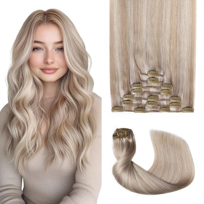 Clip-in Haarverlängerung Echthaar Aschblond Highlight 35cm