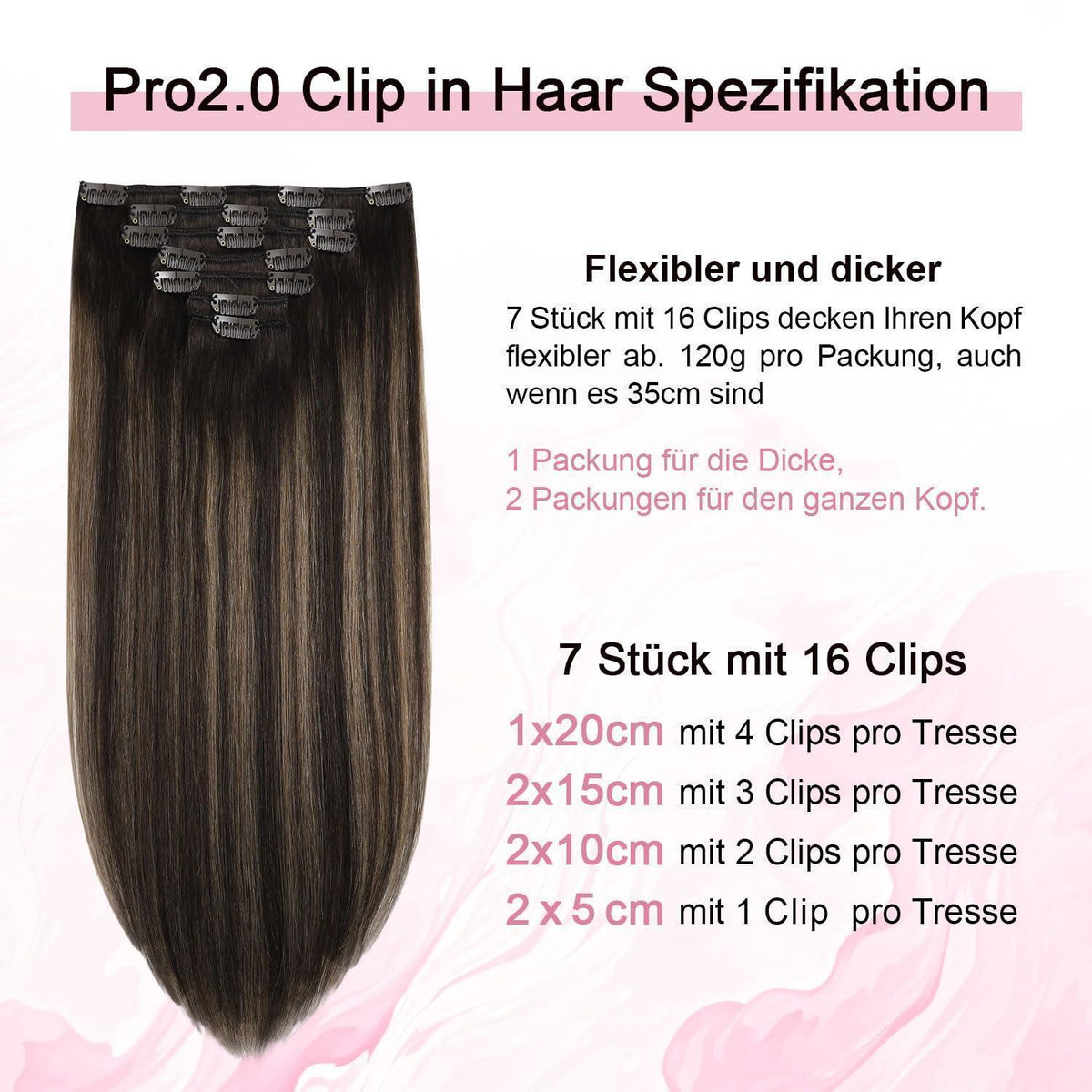 Clip-in Haarverlängerung Echthaar Dunkelbraun #2/6/2, 35cm