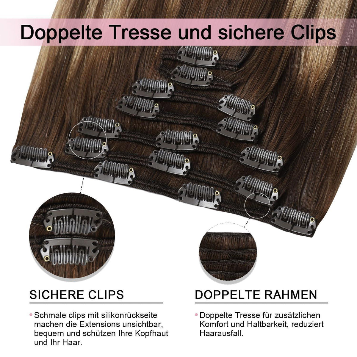 Remy Echthaar Clip-Ins #4/27/4 Balayage – 40cm Haarverlängerung