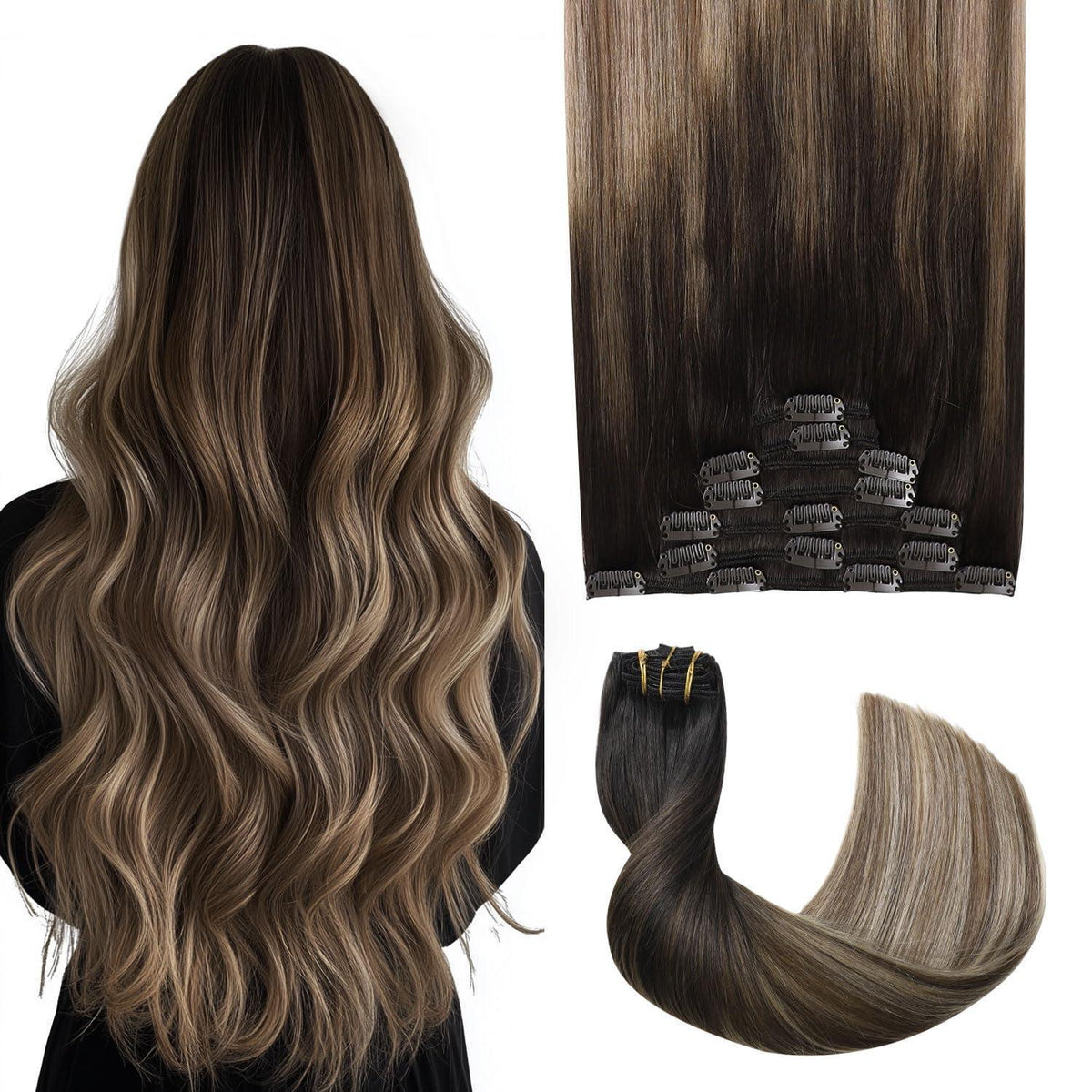 Echthaar Clip-in Extensions #1B/4/27 Balayage 45cm