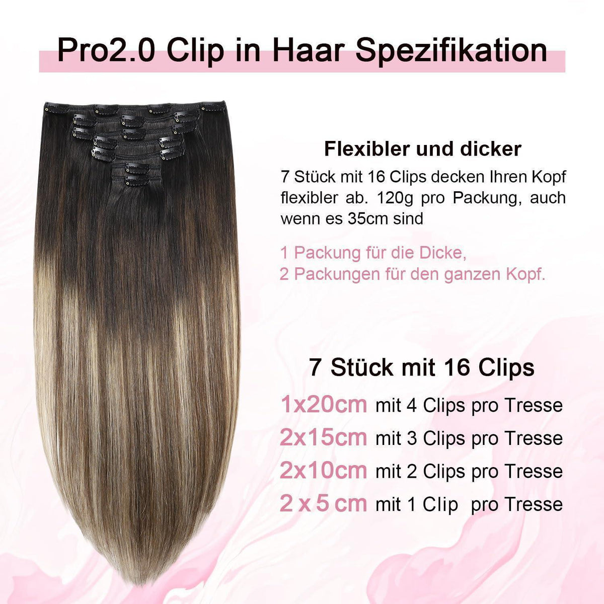 Echthaar Clip-in Extensions #1B/4/27 Balayage 45cm