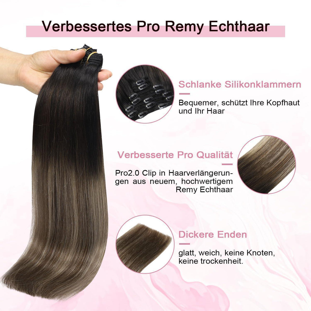Echthaar Clip-in Extensions #1B/4/27 Balayage 45cm