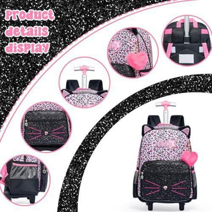 Kinder Rucksack mit Rollen & Trolley Set Rosa Katzen Design