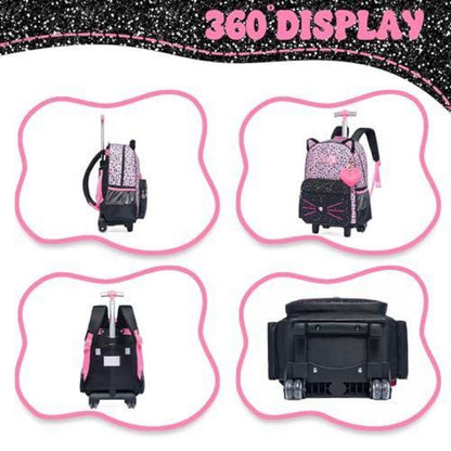 Kinder Rucksack mit Rollen & Trolley Set Rosa Katzen Design