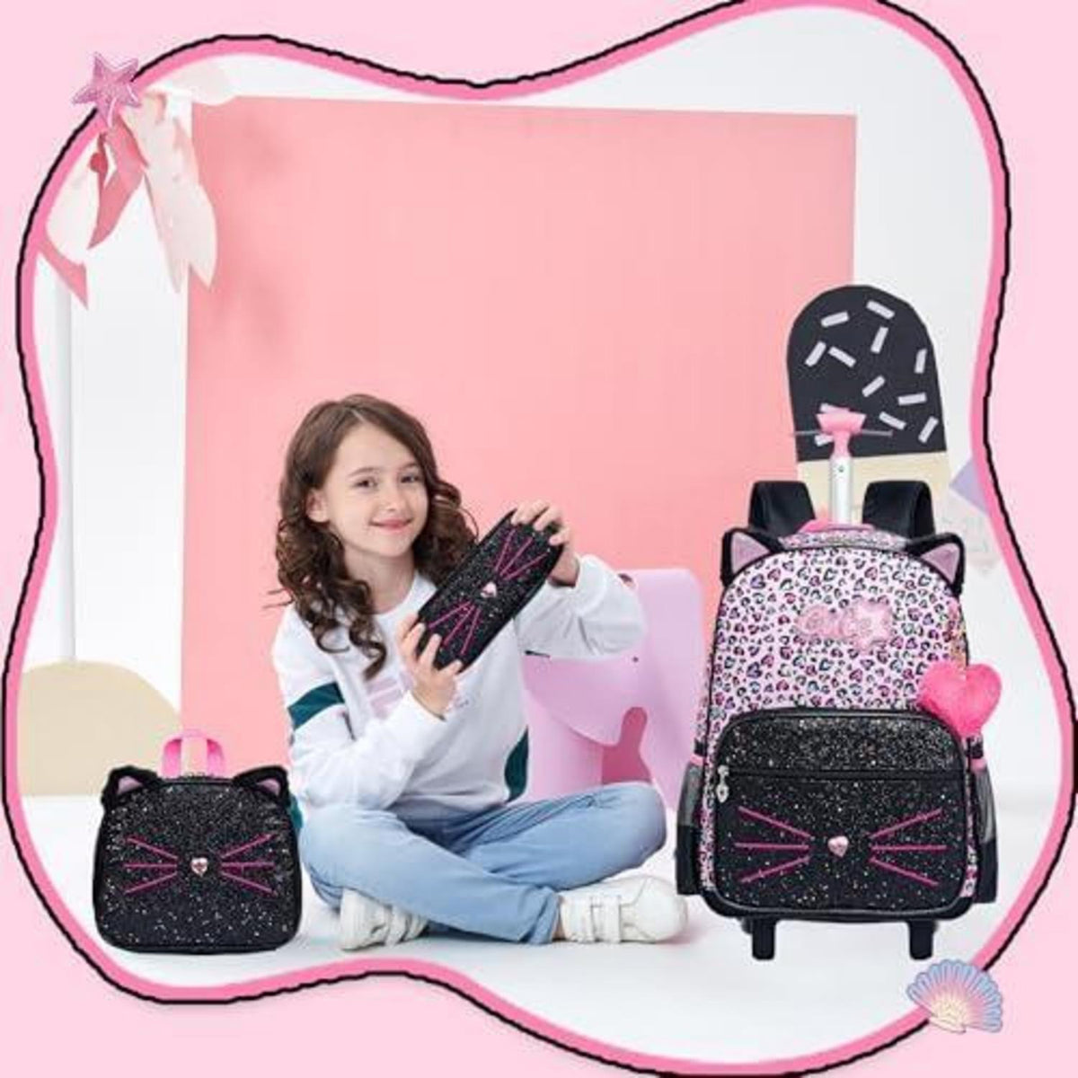 Kinder Rucksack mit Rollen & Trolley Set Rosa Katzen Design