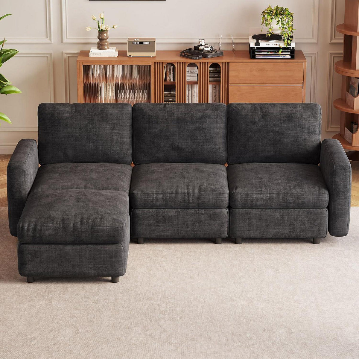 Modulares Samtsofa mit Stauraumhocker – 4-Sitzer Couch