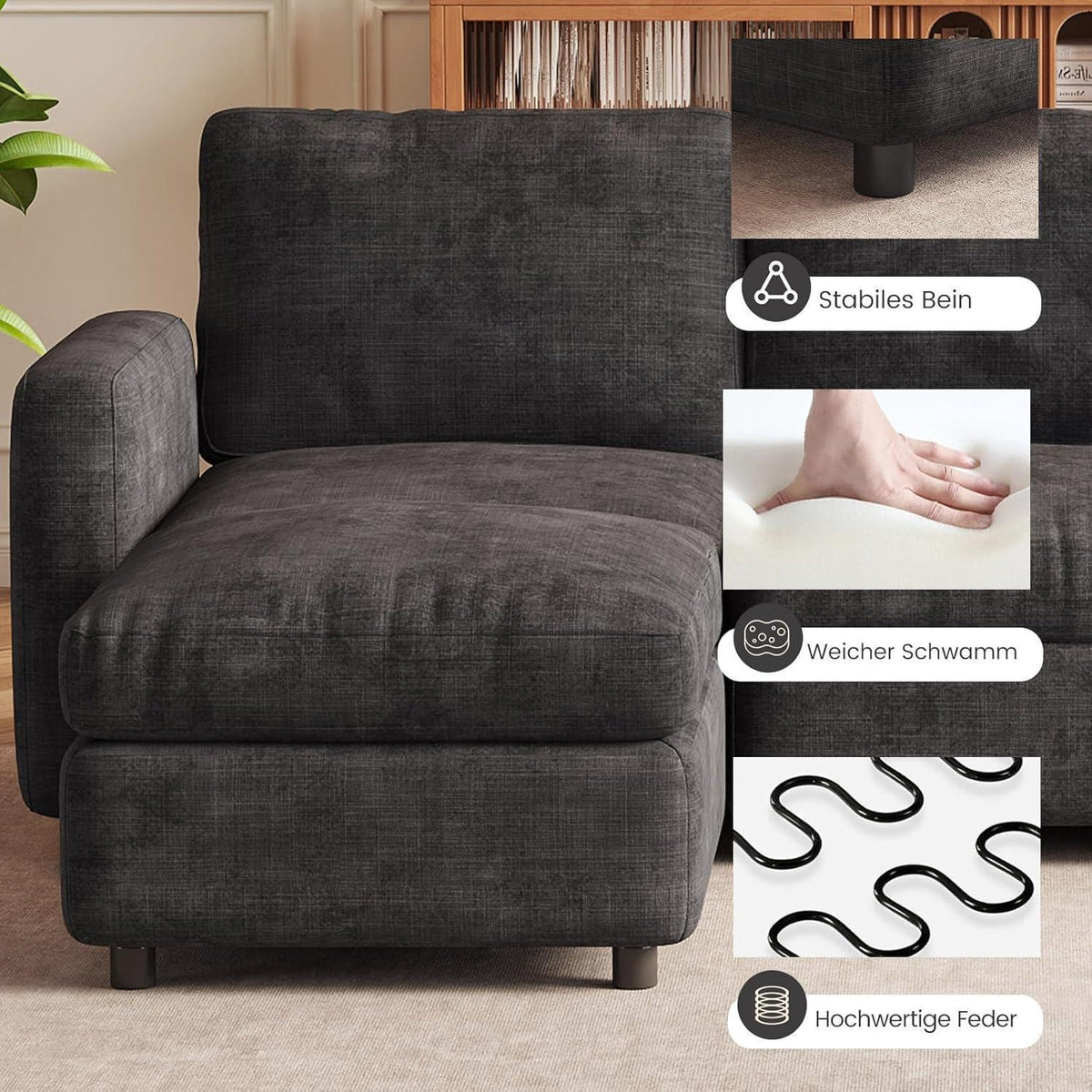 Modulares Samtsofa mit Stauraumhocker – 4-Sitzer Couch