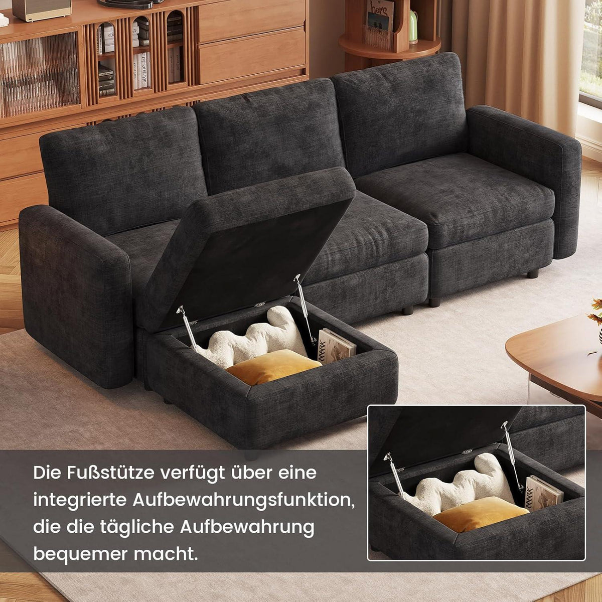 Modulares Samtsofa mit Stauraumhocker – 4-Sitzer Couch