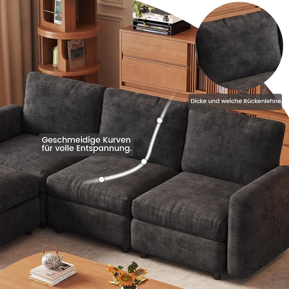 Modulares Samtsofa mit Stauraumhocker – 4-Sitzer Couch
