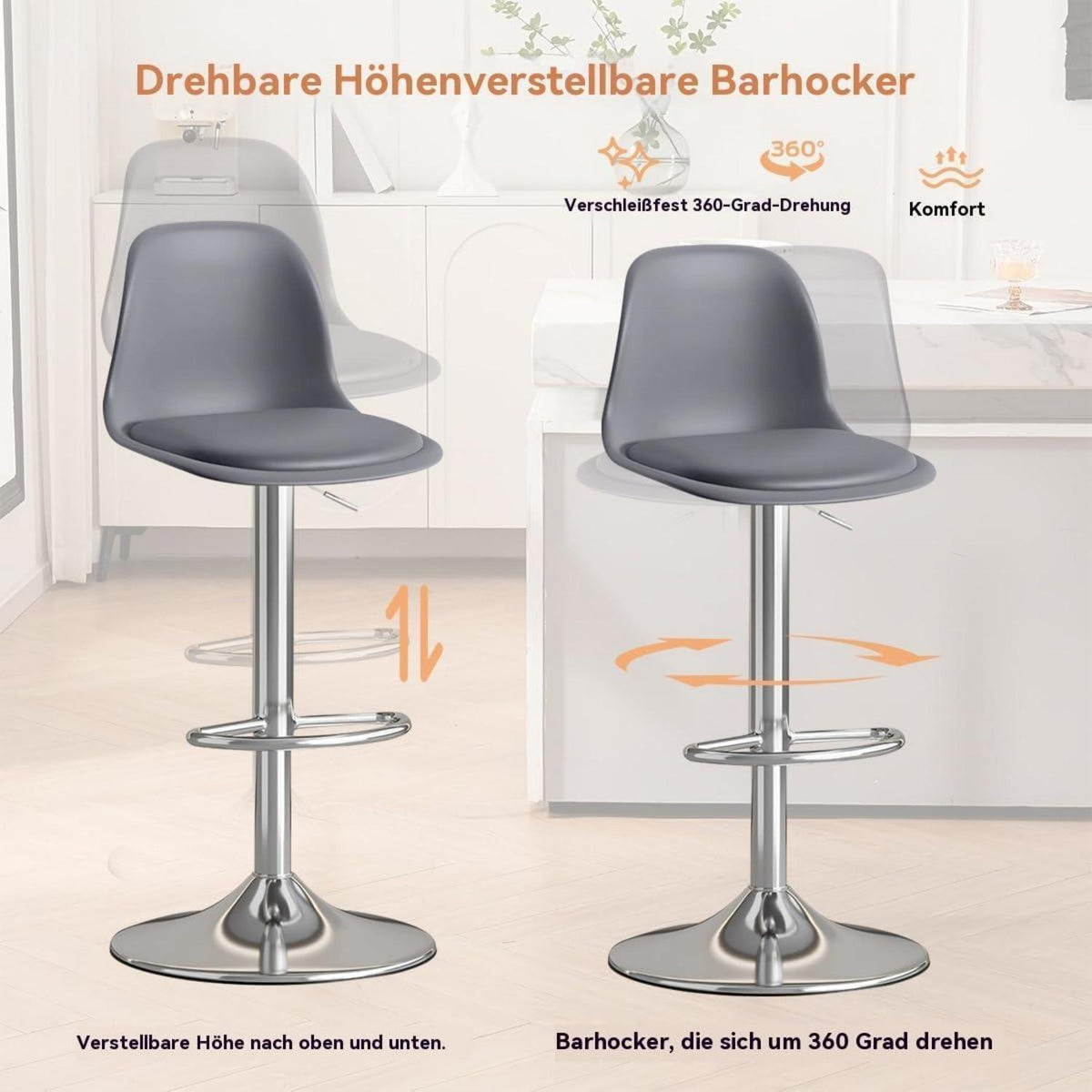 Modernes Barhocker-Set (2x Grau) – Höhenverstellbar & Drehbar