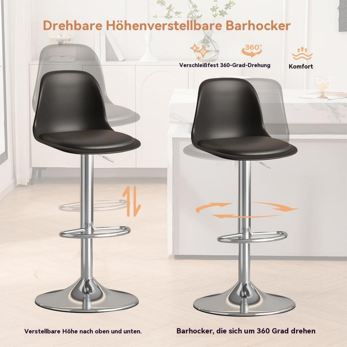 Modernes Barhocker-Set (4x Schwarz) – Höhenverstellbar & Drehbar