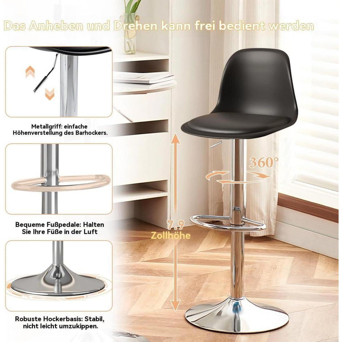 Modernes Barhocker-Set (4x Schwarz) – Höhenverstellbar & Drehbar
