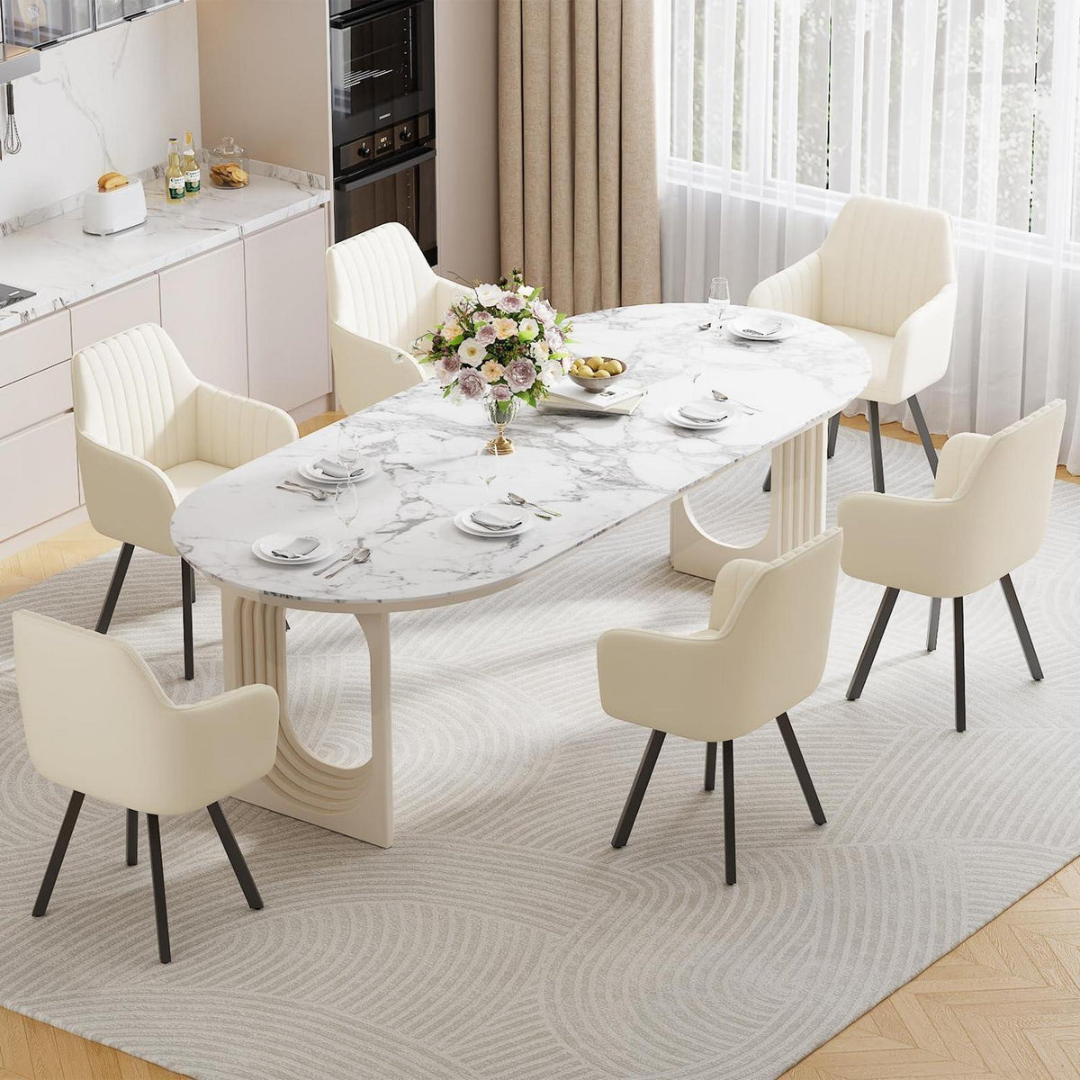 Drehbarer Esszimmerstuhl mit Armlehne & Samtbezug – 6er Set Beige