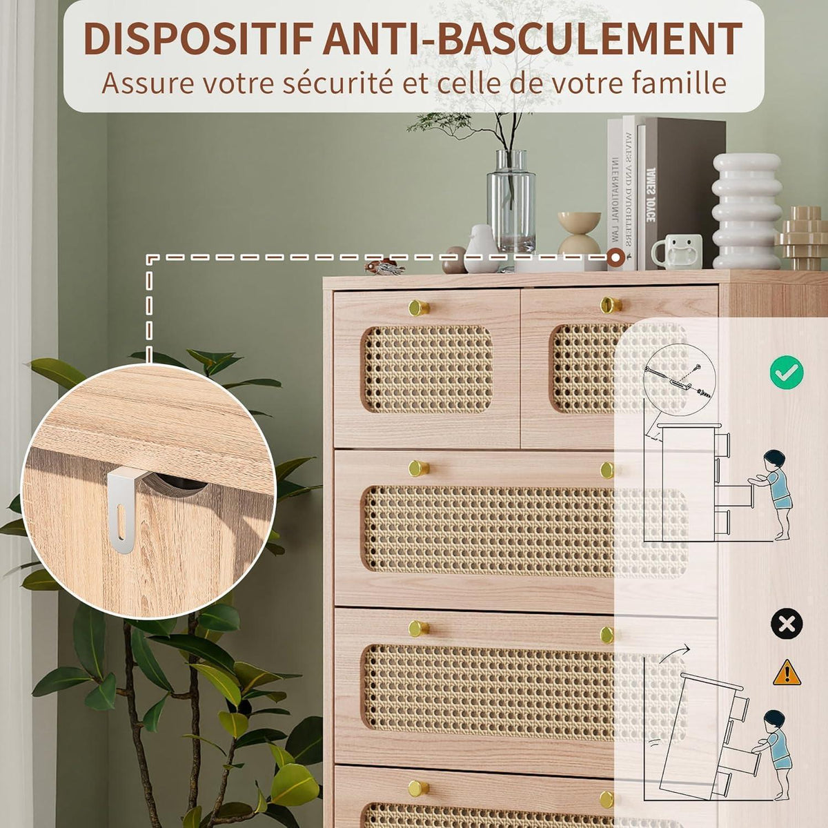 Rattan Schubladenschrank mit Kippschutz – Kommode für Schlafzimmer & Co.