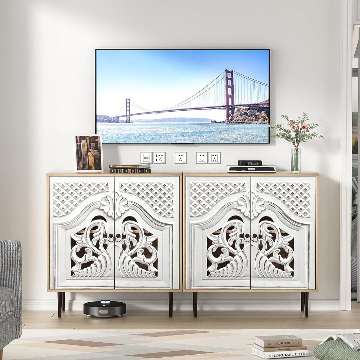 Graues Sideboard Holz mit Verstellbarem Regal – Landhausstil Schrank