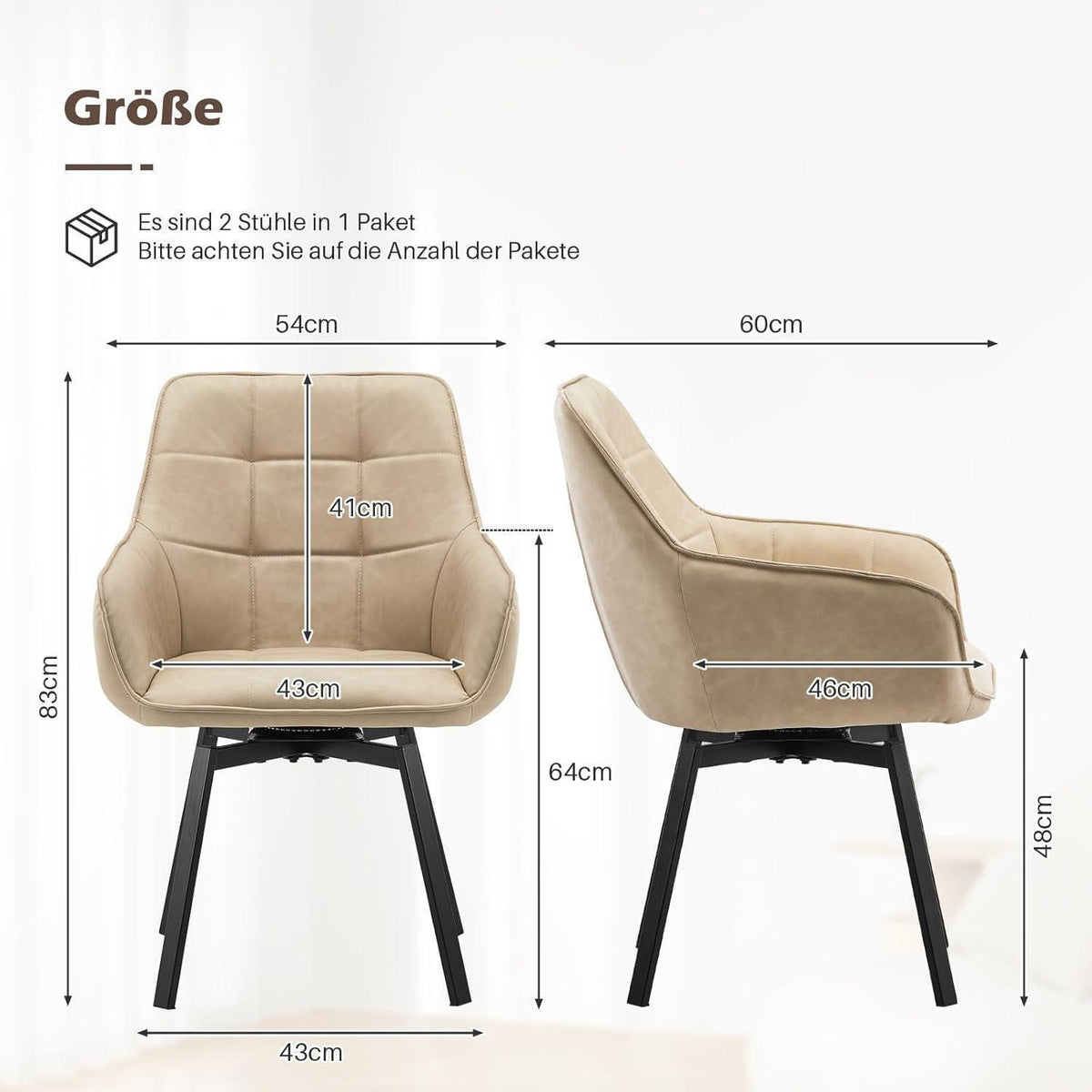 Drehbare Esszimmerstühle Set 4 – Beige mit Armlehnen in Lederoptik