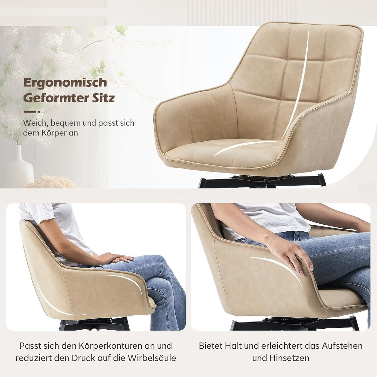 Drehbare Esszimmerstühle 6er Set Beige in Lederoptik
