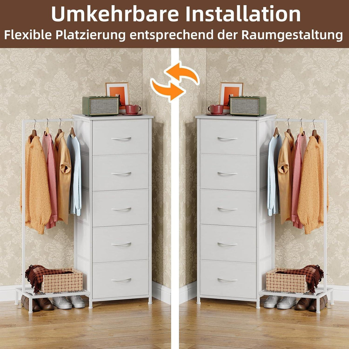 Kommode mit 5 Schubladen & Kleiderstange – Weiß