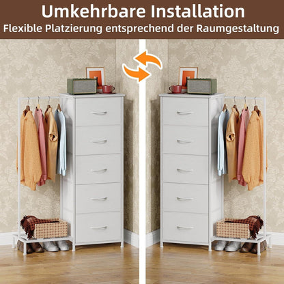 Kommode mit 5 Schubladen & Kleiderstange – Weiß